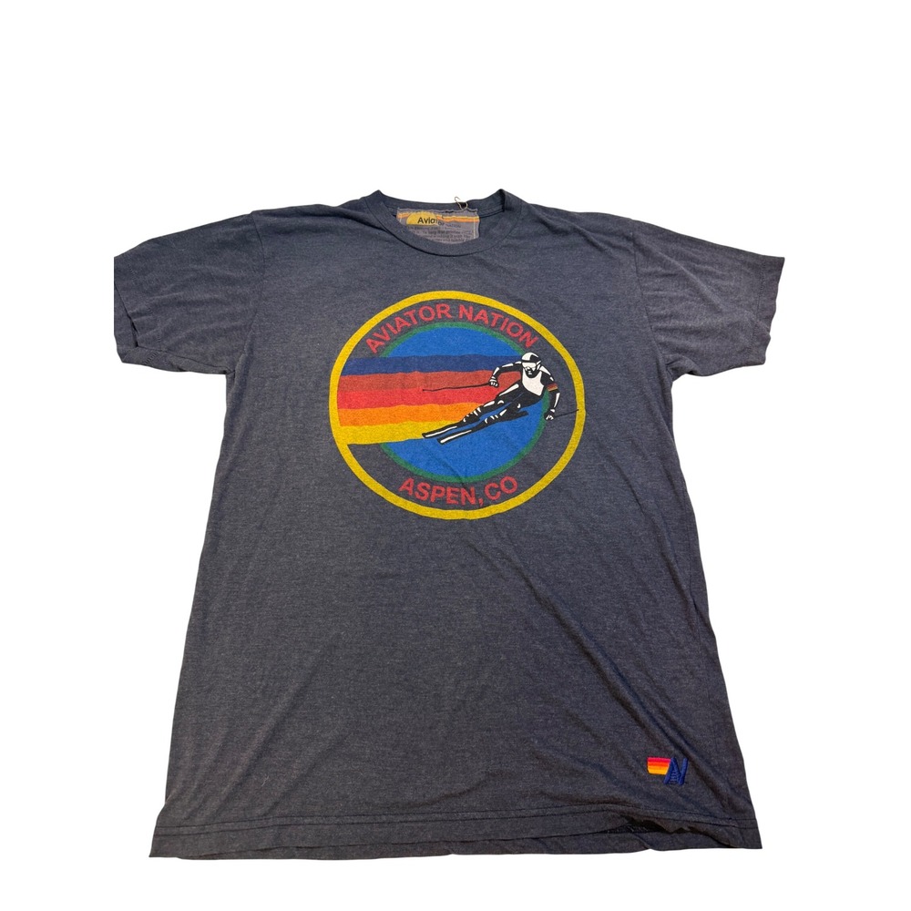 Aviator Nation Aspen CO Skier Graphic T-Shirt Gray Heather Large Made in USA